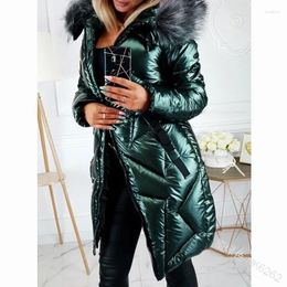 Women's Trench Coats Women Faux Fur Hooded Jacket Collar Cotton Down Puffer Parka Winter Long Coat Warm Thick Overcoat Outwear