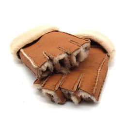 Fingerless Gloves Men women autumn winter thicken warm natural wool fur leather glove mitten half finger R3385 231122