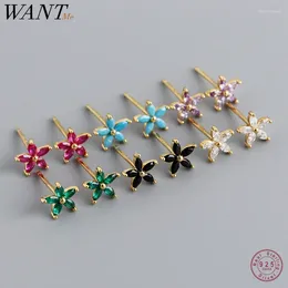 Stud Earrings WANTME 925 Sterling Silver Romantic Colour Fashion Zircon Flower For Women Simple Charm Gold Party Piercing Jewellery