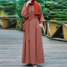 Ethnic Clothing Abaya Islamic Robe High Waist Muslim Dress Women Solid Colour Long Sleeve O-neck A-line Eid Ramadan