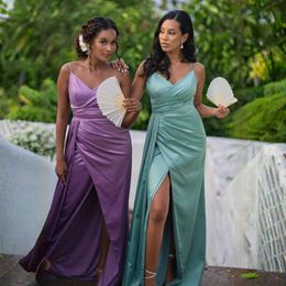 Simple Spaghetti Straps Bridesmaid Dresses Long Sleeveless Elastic Satin Side Split Wedding Guest's Dress Gorgeous African Women OutFit For Bride b144