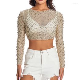 Women's Blouses Women Slim Fit Crop Tops Summer Long Sleeve Crew Neck Sequined Beaded Mesh See-through Shirt Blouse For Club Streetwear