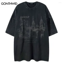 Men's T Shirts Vintage Men T-Shirt Streetwear Hip Hop Castle Graphic Print Washed Tshirt 2023 Harajuku Fashion Summer Casual Loose Top Black