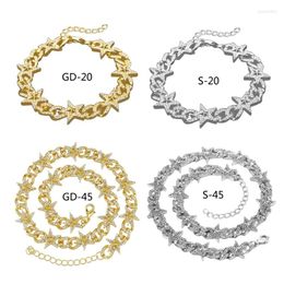 Chains 95AB Punk Crystal Pave Star Cuban Link Bracelets Necklace For Men Women Jewellery