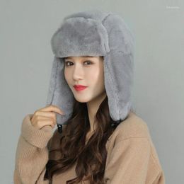 Berets Women Winter Fur Caps Russian Female Thicker Warm Solid Soft Windproof Ear Flap Hats Accessories