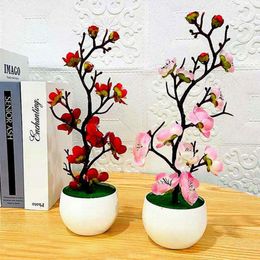 Decorative Flowers 1pcs Simulation Plum Bonsai Artificial Silk Plants Potted Winter Branch Blossoms Vases Wedding Home Room Decor