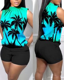 Women's Tracksuits Casual Tow Piece Set Women Outfit Summer 2023 Coconut Tree Print Ruched Tank Top & Fashion Pocket Design High Waist