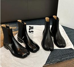 Retro bölünmüş ayak ayak bileği botları kadın shinymatte deri ayakkabılar tabi ninja chelsea botas mujer düşük topuklu paçalar patikler kış