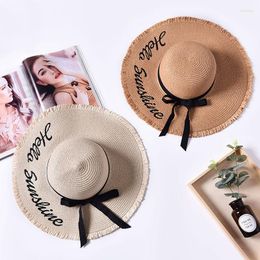 Wide Brim Hats 2023 Fashion Hand-woven Letters Sun Hat Female Black Ribbon Lace Large Eaves Straw Outdoor Beach Summer Cap