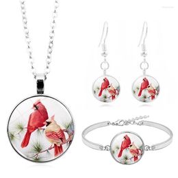 Necklace Earrings Set Fashion Women Cabochon Pendant Bracelet Jewellery Cardinal Bird Time Stone For Ladies Party