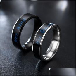 Band Rings Temperature Mood Her King His Queen Ring Band Stainless Steel Couple Engagement Wedding Rings Fashion Jewelry Will And Sand Dhhjg