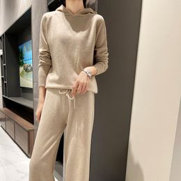 Women's Two Piece Pants Pure Wool Suit Autumn And Winter Pullover Wide Leg Hooded Collar Loose Knitted Sweater Fashion Two-piece