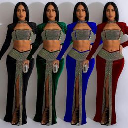 Work Dresses Woman Velvet Outfit Ness Fashion Women's Solid Colour Drill Long-sleeved Long Skirt Short Shirt Sexy 2 Piece Outfits