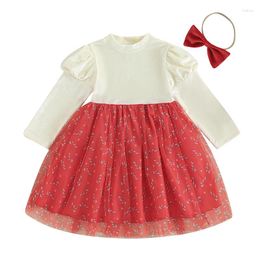 Girl Dresses Girls Christmas Dress Kids Velvet Long Sleeve Round Neck Tulle Mini Headband Cute A Line