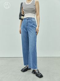 Women's Jeans DUSHU Classic Raw Edge Women Denim Autumn Chic Style Straight Tube Wide Legs Casual High Street Female Pants 230422