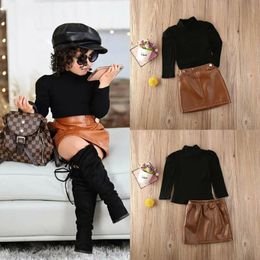 Clothing Sets 1 5Y Fashion Infant Baby Girls Clothes Turtleneck Sweater Tops Leather Skirt Outfit 2PCS 231123