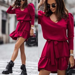 Casual Dresses Spring Long Sleeve Women Solid Dress Elegant Lace-up Pleat Patchwork Mini 2023 Casaual Fashion V Neck Party Vestidos