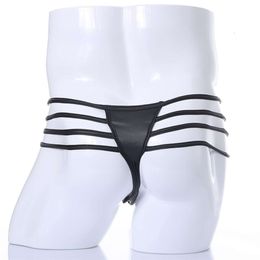 Men's Sexy Underwear Exotic PU Faux Leather Lingerie with Zipper Hollow Fetish Costumes Bondage Jockstrap Thong