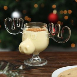 Mugs Christmas Glass Cup Antler Santa Claus Body Reindeer Mug Crafts Transparent Wine Milk Coffee Gift 231122