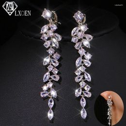 Dangle Earrings LXOEN Fashion Leaf No Hole Ear Clip On Long Water Drop Cubic Zirconia Elegant Women Wedding Jewellery Without Piercing