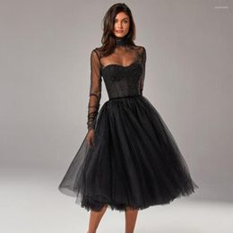 Party Dresses Eeqasn Black Glitter Tulle Short Prom Long Sleeves - Length Evening Gowns High Neck Formal Speical Women Dress