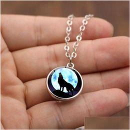 Pendant Necklaces Fashion Howling Wolf Moon Necklaces Double Sided Glass Ball Time Gemstone Pendant Necklace Sier Bronze Chains Jewelr Dhwdz