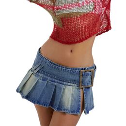 Skirts Fashion Women's Summer Mini Denim Skirt Blue Low waist Pleated Solid Color Streetwear Female Skirt with Belt Casual Outfits P230422