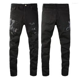 Men's Jeans Men Embroidered Cobra Holes Patched Skinny Ripped Black Stretch Slim Fit High Street Scratch Denim Pants