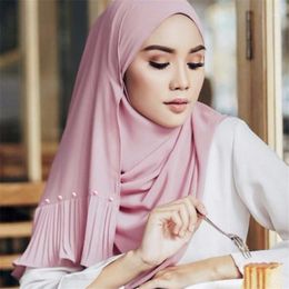 Ethnic Clothing JTVOVO RUNMEIFA 2023 Muslim Women Pearl Chiffon Thin Veil Pleated Hijab Shawl Scarf Turban Jilbab Khimar Headband Female Cap