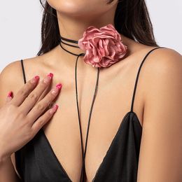 White/Black/Pink/Red Large Fabric Flower Choker Necklace for Women Elegant Long Rope Chain on Neck Jewelry Accessories Lady