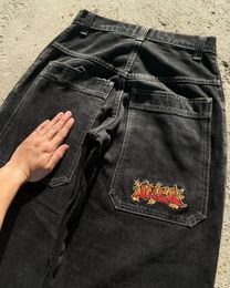 Men's Jeans Gothic vintage street hiphop pattern text printed highwaisted jeans Y2K washed baggy men casual wideleg black pants 231122