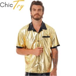 Men's Casual Shirts Men's Shirt Metallic Disco Shiny Slim Fit Long Sleeve Button Down Nightclub Party Stage Performance Shirts for Music Festival 231122