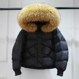 Waterproof Loose Short Puffer Jacket Women Large Real Raccoon Fur Hooded Fashion Female Duck Down Coat Feather Parkas