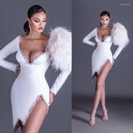 Party Dresses Sexy Cocktail Deep V Neck Beading High Slit Luxury Feather Short Prom Dress Custom Made Long Sleeve Evening Gowns