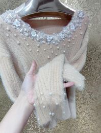 Women's Sweaters Women Pullovers Solid Color High-end Glitter Beaded Flowers Rhinestones Heavy Plush Babes Bottom Warm Sweater Female