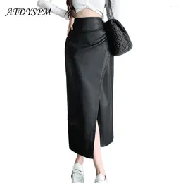 Skirts Classic Chic Folds Design Split High Waist Wrap Hips Women 2023 Autumn Winter Casual Faux Leather Long PU Skirt Femm