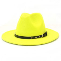 Берец неоново -желтый твердый цвет шляпа федора с пряжкой для ремня женщин мужские мужские
