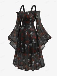 Casual Dresses ROSEGAL Plus Size Halloween For Women Skull Rose Print Mesh Bell Sleeve Cold Shoulder Dress 2023 Gothic Midi Vestido