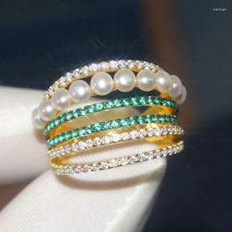 Cluster Rings Europe And America Cubic Zirconia White Green 6 Multi Ring With Pearl Ladies Fashion Party Jewellery Gift