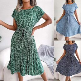 Casual Dresses Women Summer Boho Dress V Neck Short Puff Sleeve Print High Waist Ruffle Pleated Swing Mini Turtleneck