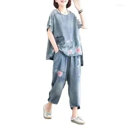 Women's Two Piece Pants 2023 Summer Printing Splicing Casual Denim Sets Women Long T-Shirt Elastic Waist Jeans Suit Mother Two-Piece High