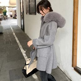 Women's Fur Faux Luxury Real Collar Hooded Loose Autumn Winter Wool Cashmere Coat Women Midlength Woolen Jacket Outerwear Streetwear 231122