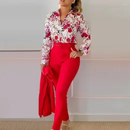 Women's Two Piece Pants Women Formal Outfit Stylish 2-piece Shirt Suit With Stand Collar Cardigan High Waist Pockets Slim Fit Soft For