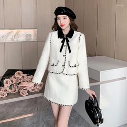 Two Piece Dress Women's Wind Coarse Tweed Down And Cotton Blazer Coat Half Skirt Set Vintage Contrast Bow Knot Lapel Suit