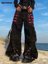 Women's Pants Aotvotee Streetwear Women Gothic Wide Leg Punk Style Oversized High Waist Aesthetic Hit Colour Striped Cargo