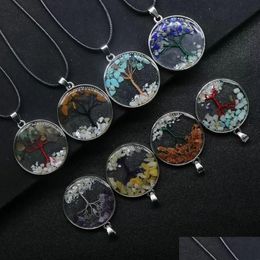 Pendant Necklaces Crystal Tiger Eye Natural Stone Tree Of Life Necklace Round Glass Terrarium Pendant Necklaces For Women Children Fas Dhr0L