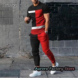 Men's Tracksuits Summer Men Fashion Trousers Set 2 Pieces Casual T-Shirt Long Pants Male Solid Colour Outfit 3D Printed Jogging Suit Clothing