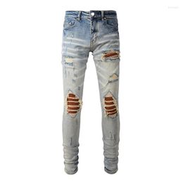 Men's Jeans 2023 Arrival Men's Distressed Blue Streetwear Skinny Stretch Destroyed Holes With Tie Dye Bandana Ribs Patches Ripped