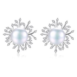 Fashion Pearl Stud Earrings S925 Silver Micro Set Zircon Snowflake Earrings European Women Charm Earrings Wedding Party Jewellery Valentine's Day Mother's Day Gift SPC