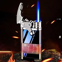 Lighters New Metal Straight Rocker Lighter Transparent Air Chamber Portable Windproof Blue Flame Jet Men's Smoking Accessories